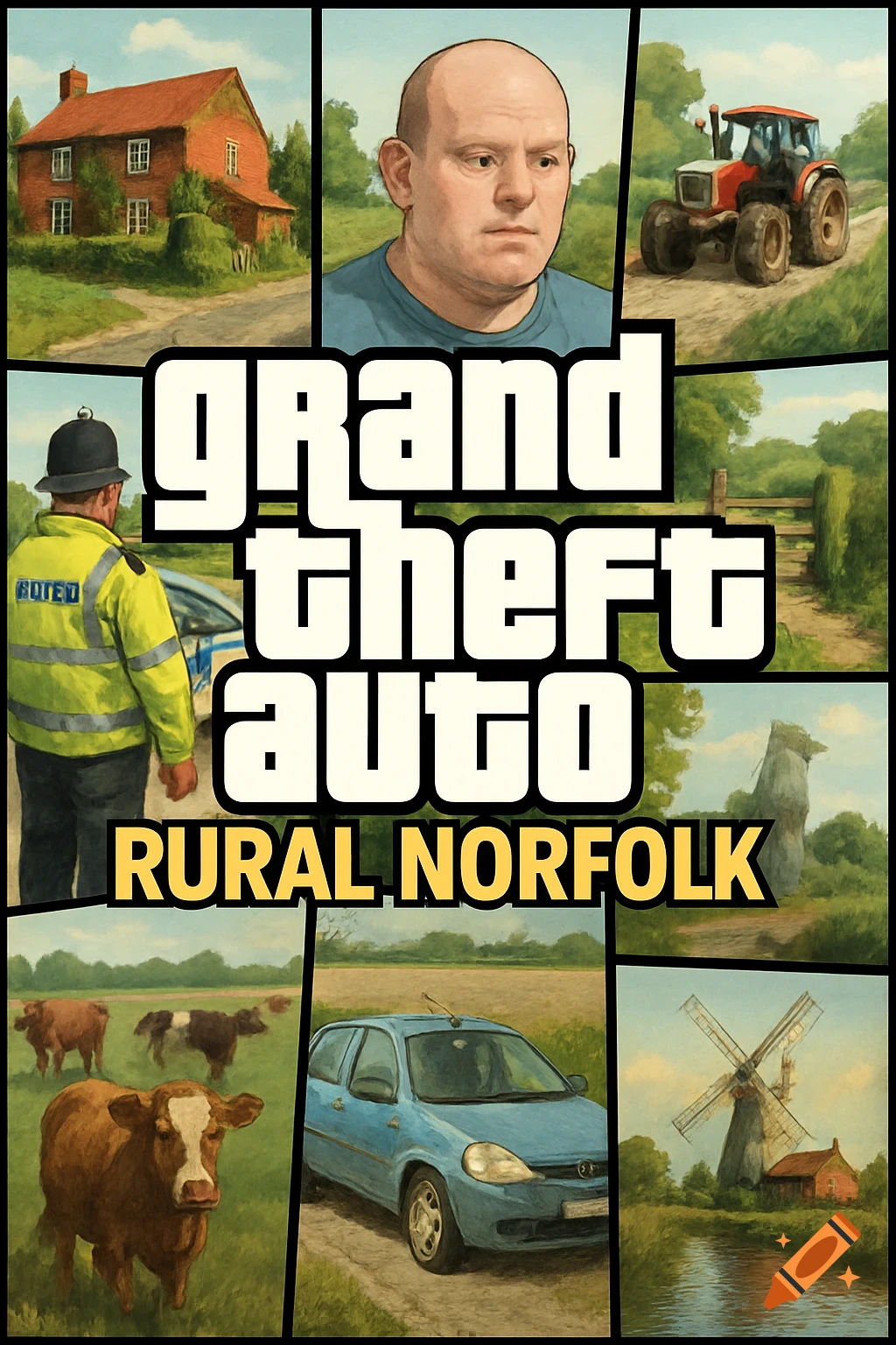 A game cover parody in the style of Grand Theft Auto, featuring rural Norfolk scenes and the text 'GRAND THEFT AUTO RURAL NORFOLK'.