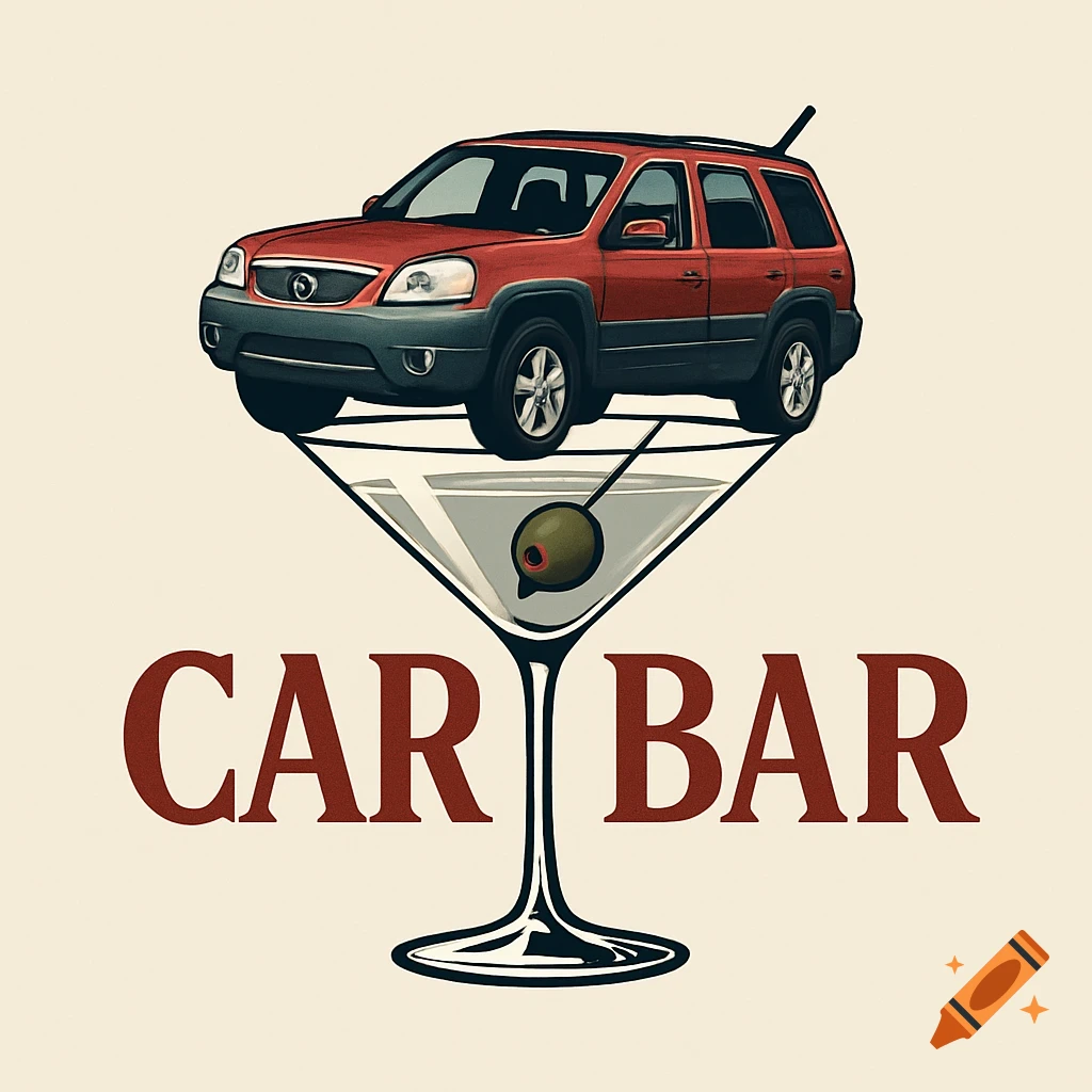 Logo with a red car in a martini glass and 'CAR BAR' text