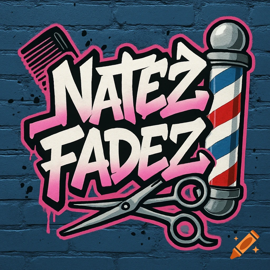Graffiti logo for Natez Fadez with a comb, scissors, and barber pole on a blue brick wall.