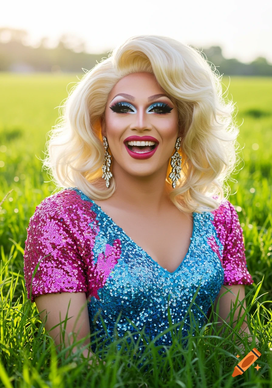 Drag queen in sequined dress sitting in a sunny field.