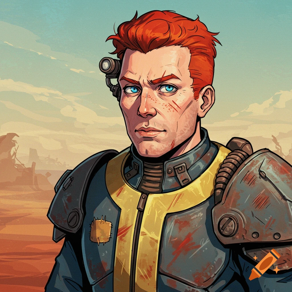 Illustrative portrait of a red-haired man in futuristic armor in a wasteland.