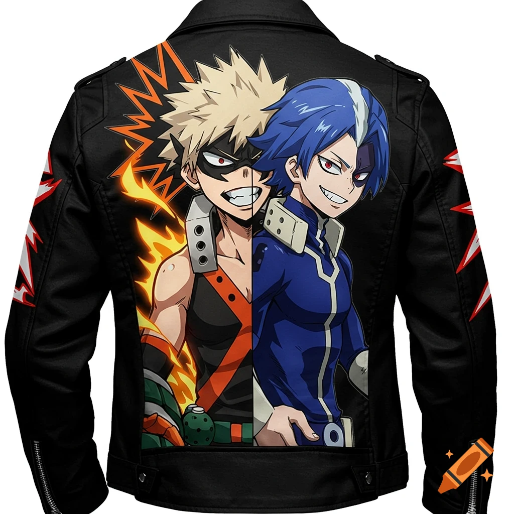 Back of a black leather jacket featuring a split anime print of Katsuki Bakugo and Neito Monoma from My Hero Academia.