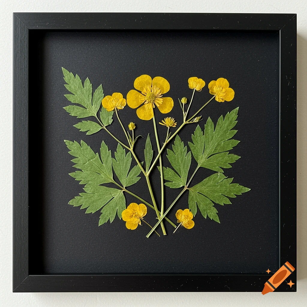 Pressed yellow flowers and green leaves arranged in a black frame on a black background.