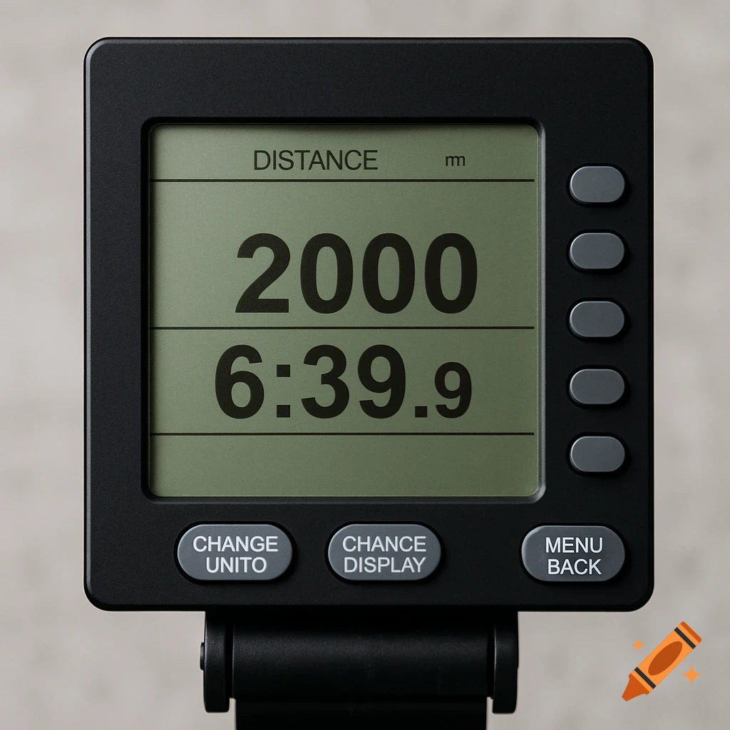 Close-up photo of a rowing machine monitor screen displaying 2000 distance and 6:39.9 time.