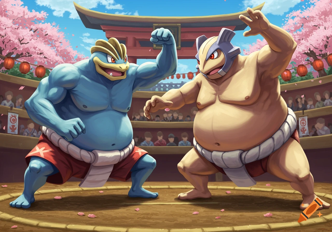 Pokemon characters sumo wrestling in a ring with an audience and cherry blossoms.
