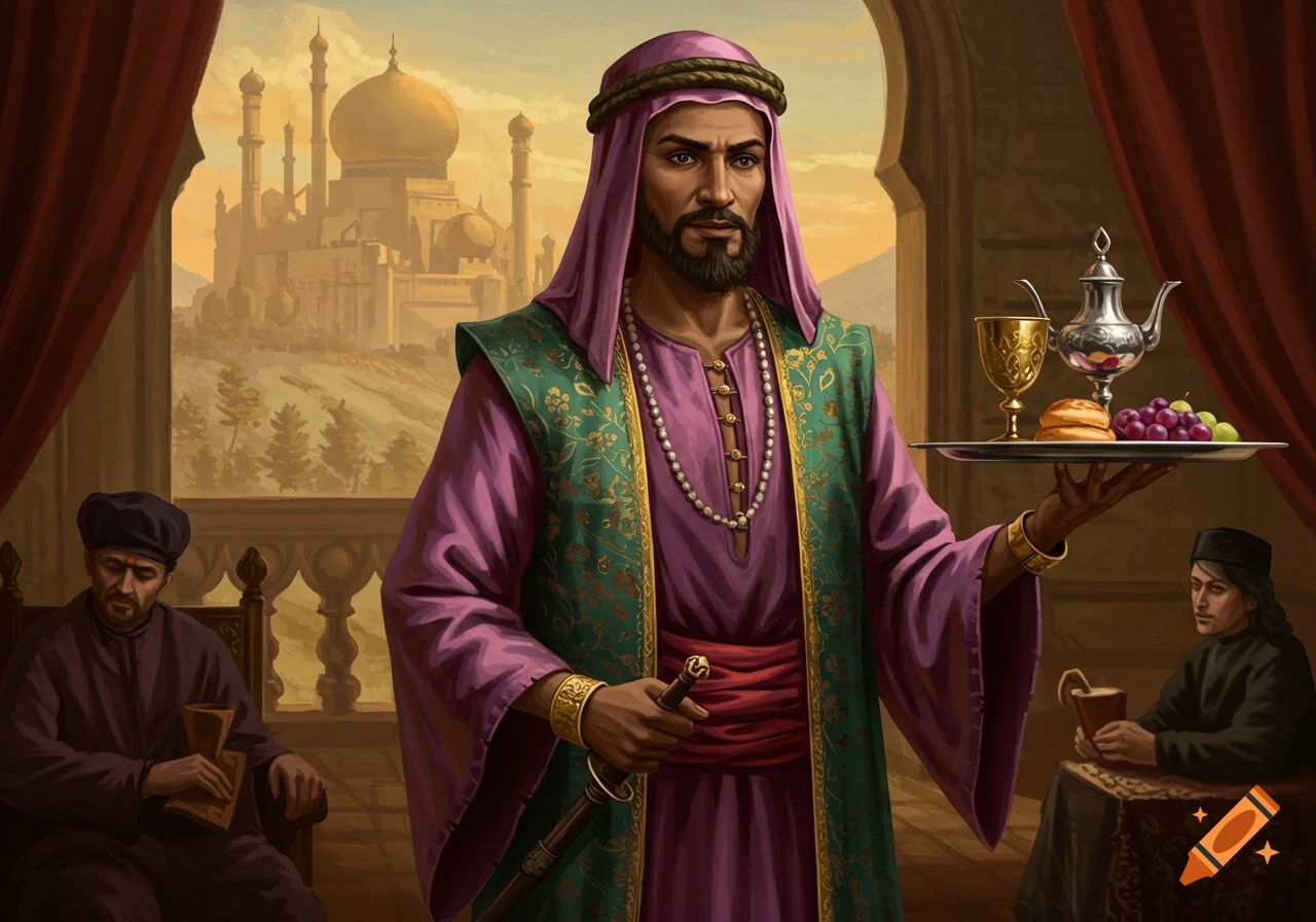 Illustration of a man in purple and green silks serving food on a tray in a palace with a distant city