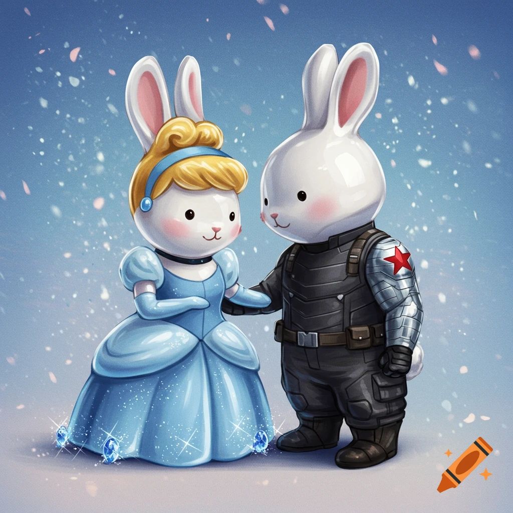 Two cute bunnies dressed as Cinderella and Winter Soldier.