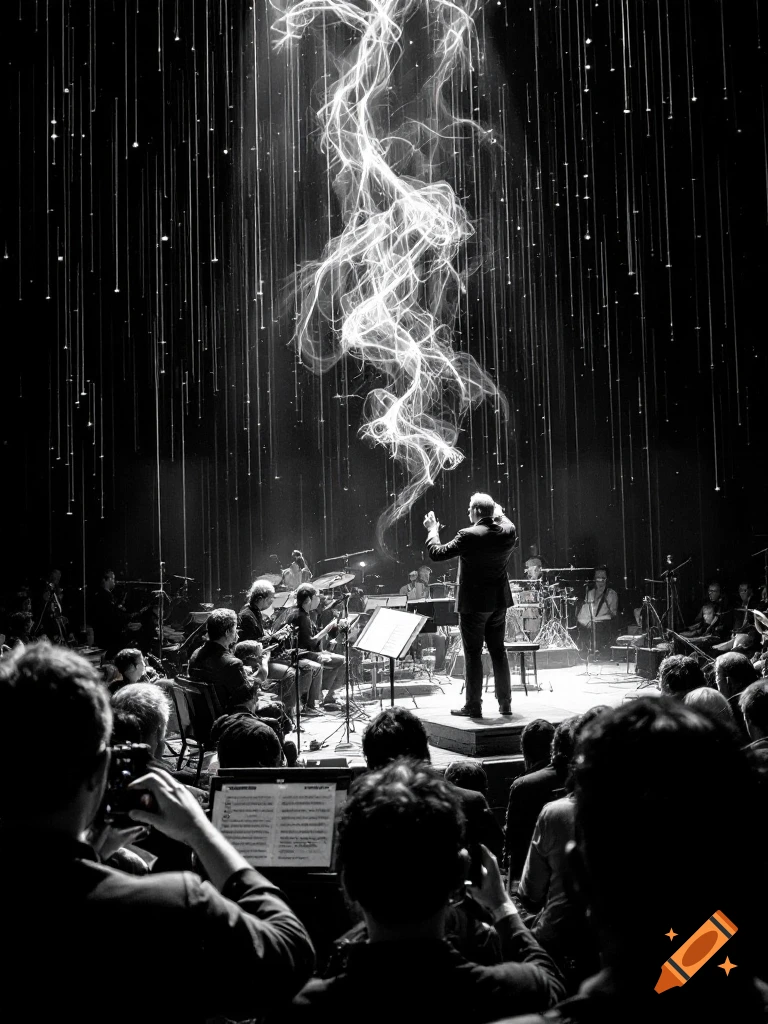 Black and white photo of an orchestra conductor on stage beneath a swirling light effect, with the orchestra and audience visible.