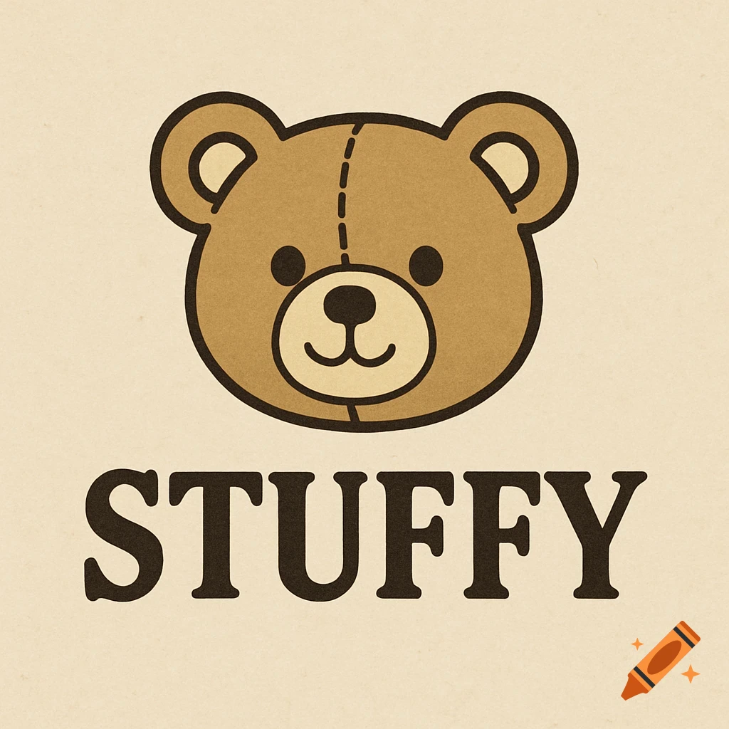A stylized logo featuring a teddy bear face above the word STUFFY.