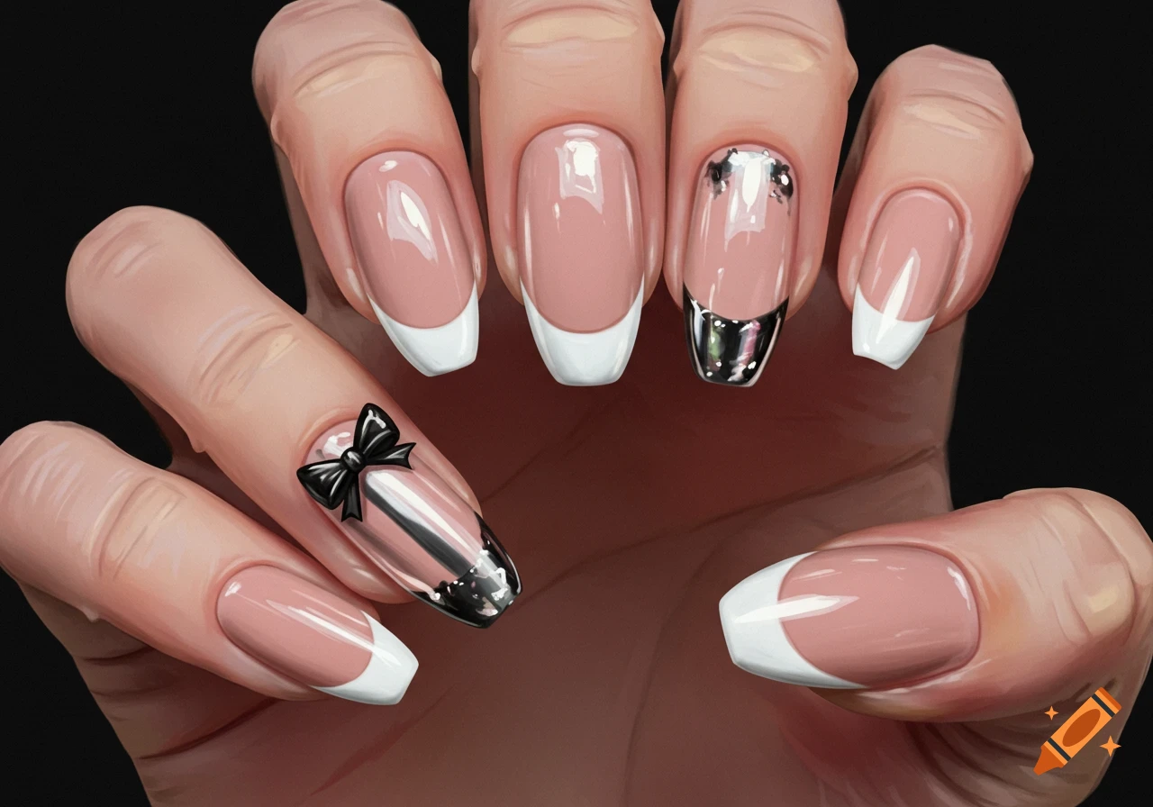 A hand with almond nails, white French tips, chrome accents, and a black bow on the ring finger.