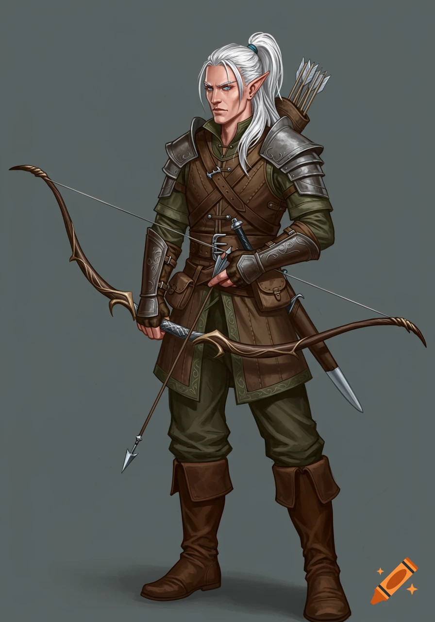 A male elf archer in leather armor stands holding an ornate bow.