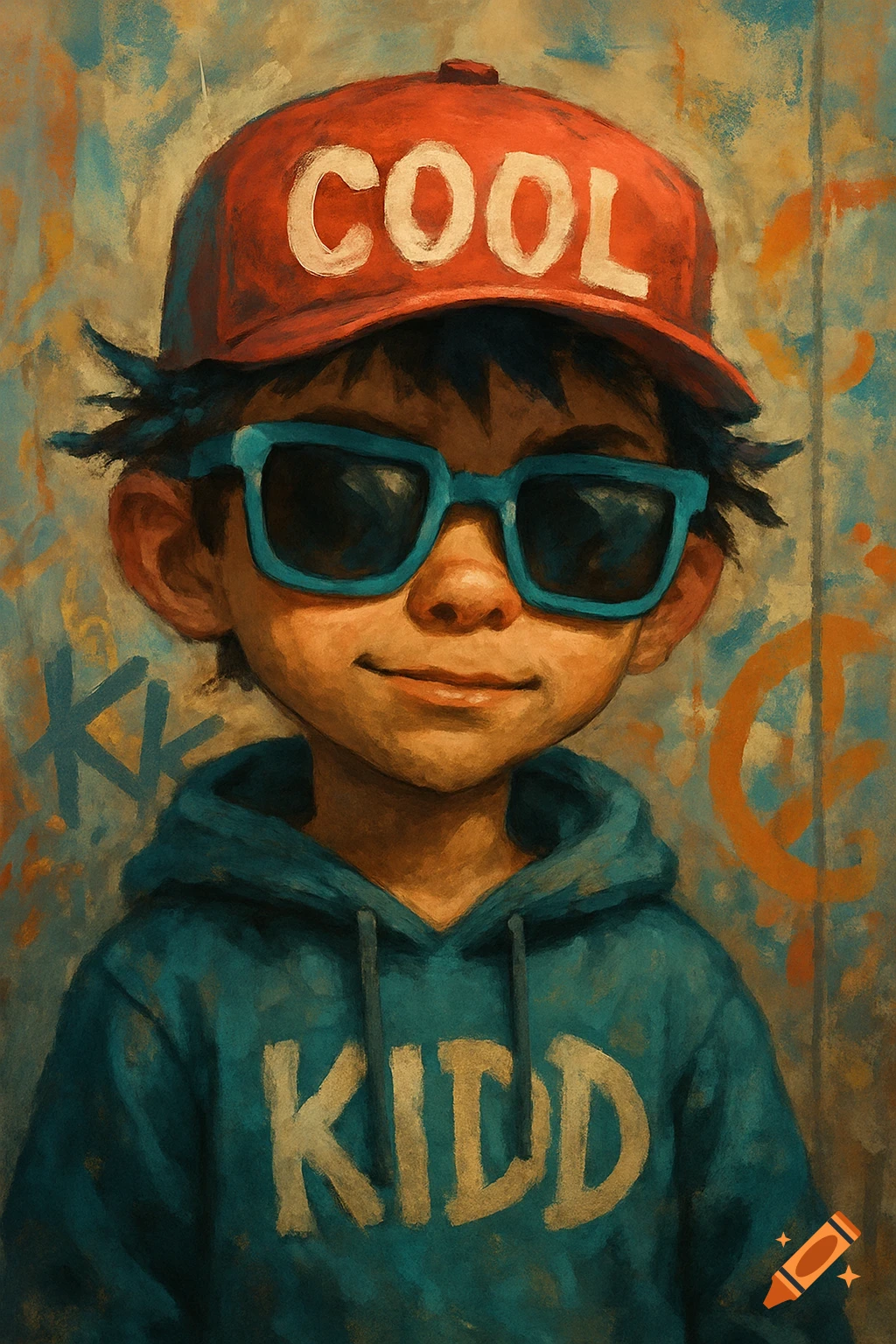 Painting of a kid in a red COOL cap and blue KIDD hoodie