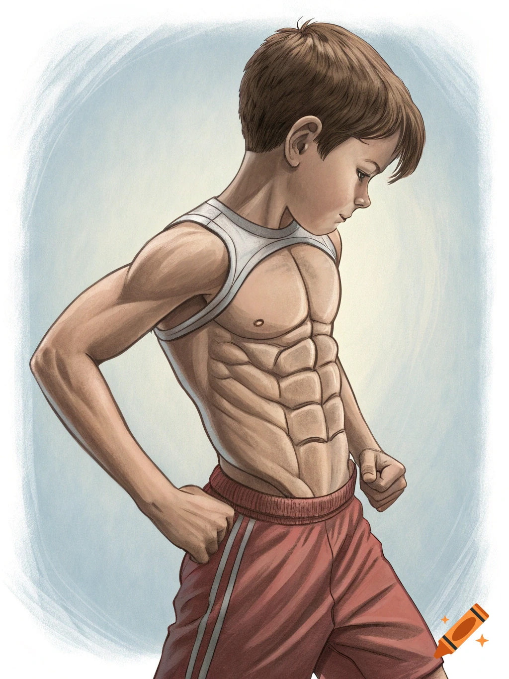 Illustration of a muscular boy in a tank top and shorts