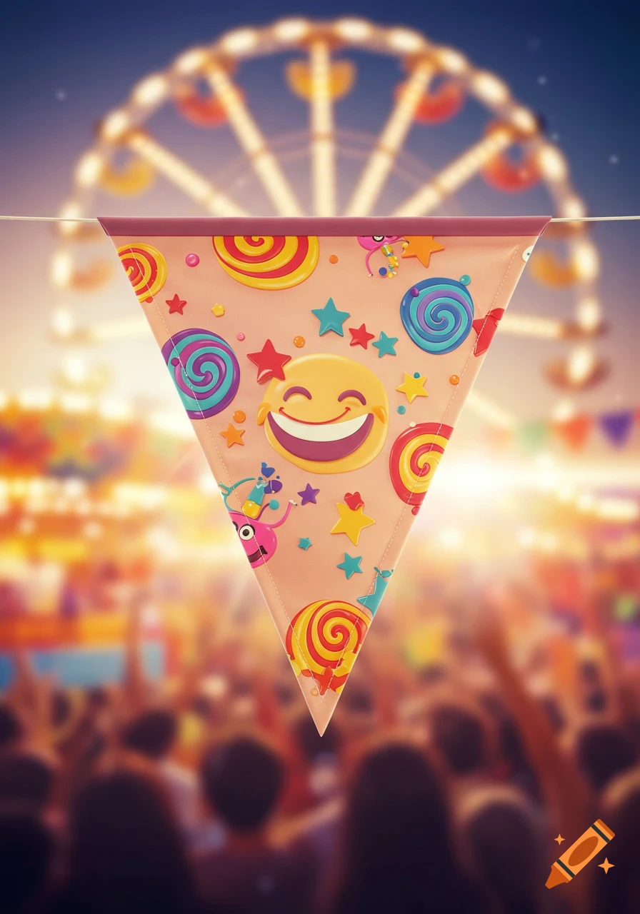 Triangular banner with lollipops, stars, and a smiling emoji hanging at a blurry carnival.