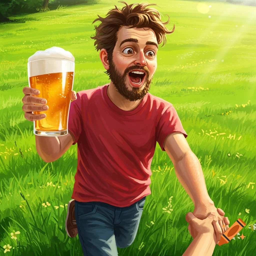 Cartoon man running in a grassy field, holding up a glass of beer and grabbing a hand.
