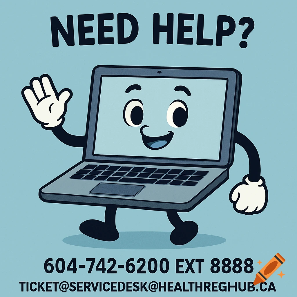 Cartoon laptop character waves below text reading NEED HELP? with phone number and email address.