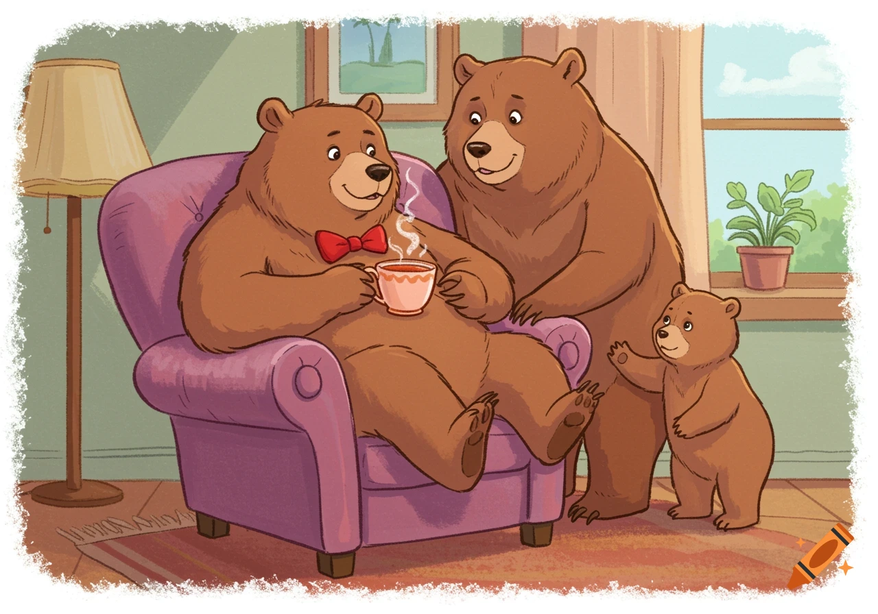 Cartoon drawing of a family of bears sitting in a living room, one bear is drinking tea in a chair.