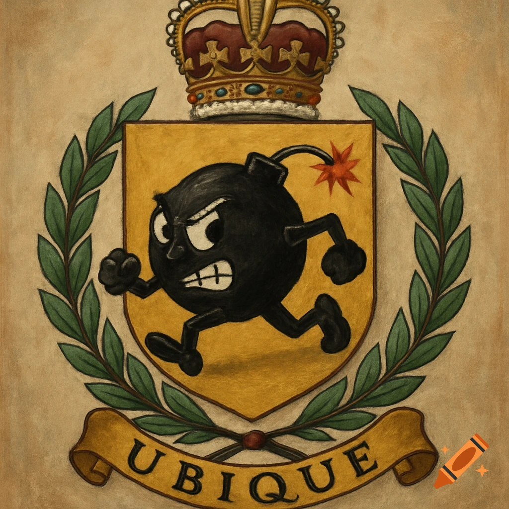 Crest with a cartoon bomb running on a shield, crowned, with laurel branches and a banner saying 'UBIQUE'.