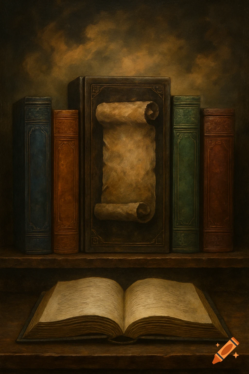 A dark, painterly still life shows an open book and several standing books and a scroll on a wooden shelf.