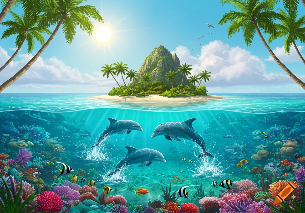 Split view of a tropical island with palm trees above the water, and dolphins jumping in the ocean above a vibrant coral reef below.