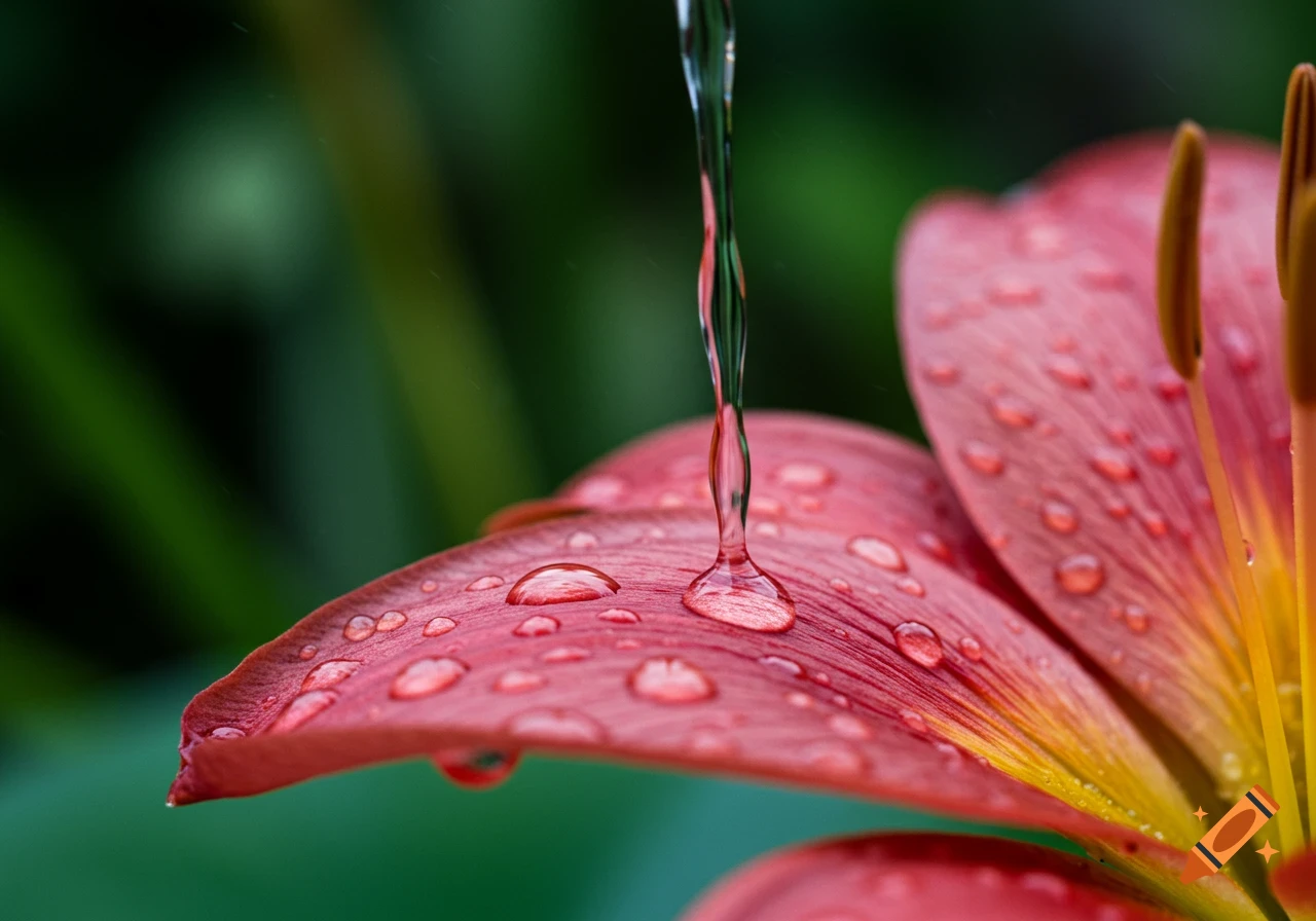 Close-up of water falling onto a pink flower petal with droplets