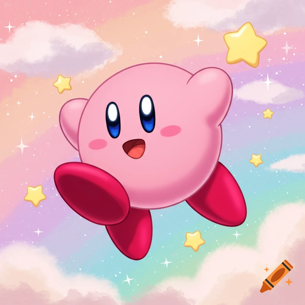 Kirby floating in a pastel pink, purple, and blue sky with stars and clouds.
