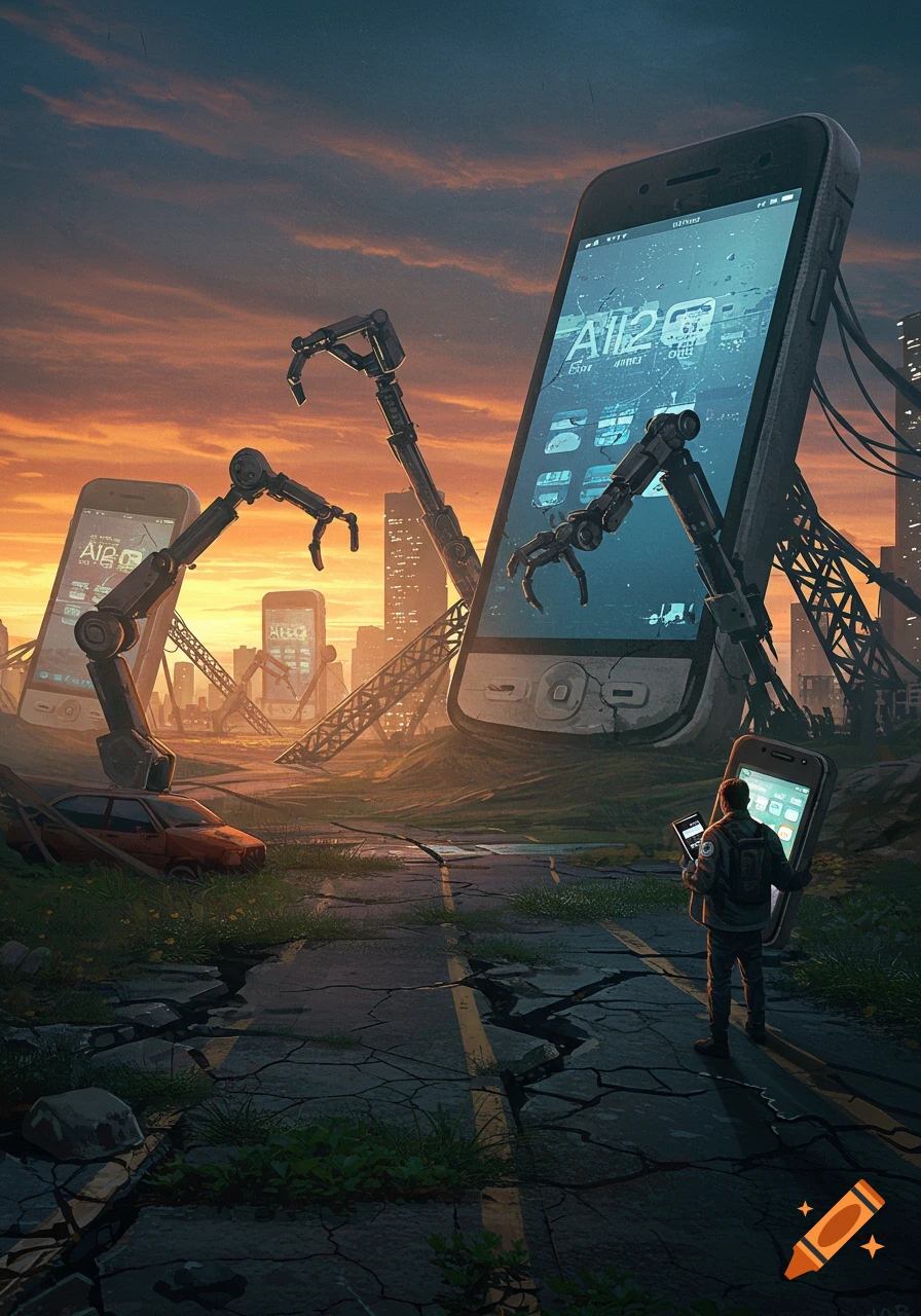 Gigantic smartphones with robot arms stand in a ruined city landscape as a person looks at their phone. Digital painting.
