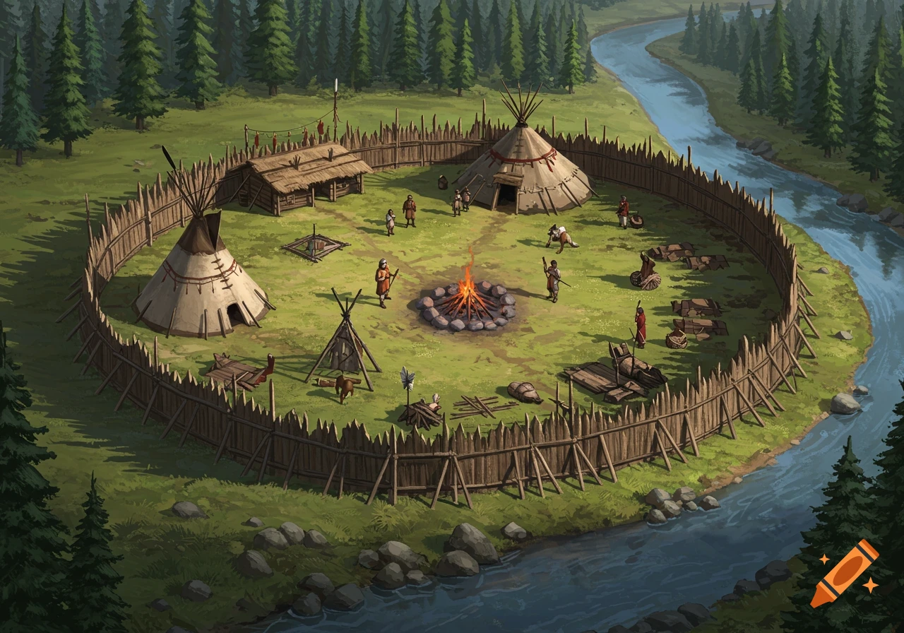 An aerial view of a fortified historical village with tipis, a long house, a firecamp, surrounded by a wooden fence next to a river.