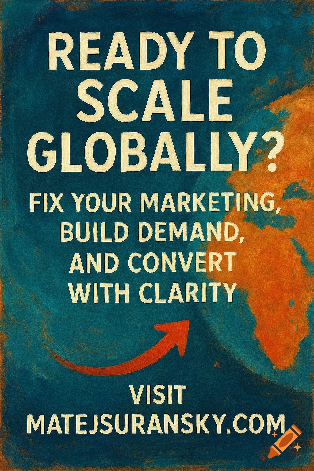 Marketing poster with text about scaling globally, showing a map of Africa and a red arrow.