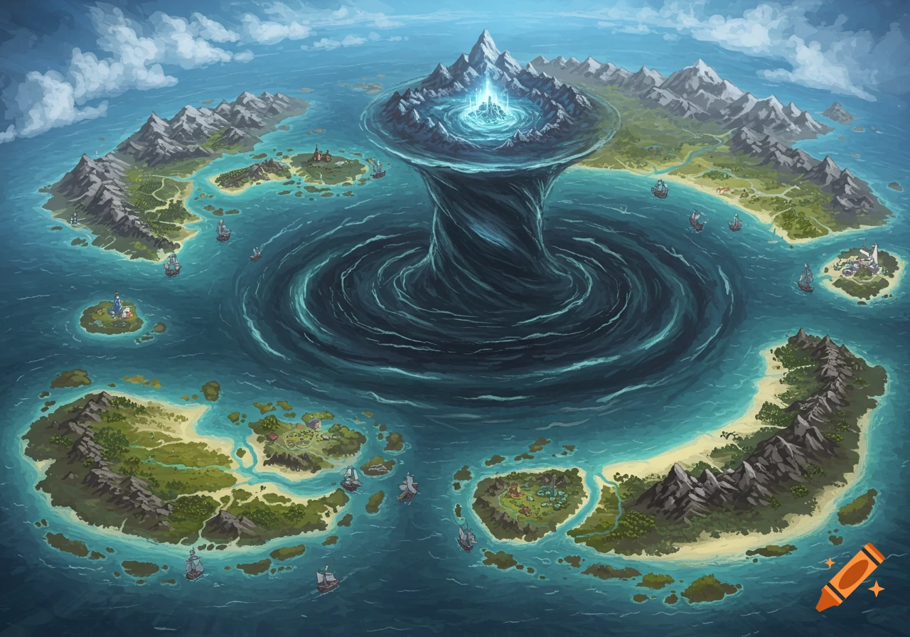Fantasy map of an archipelago with a central maelstrom and ships.