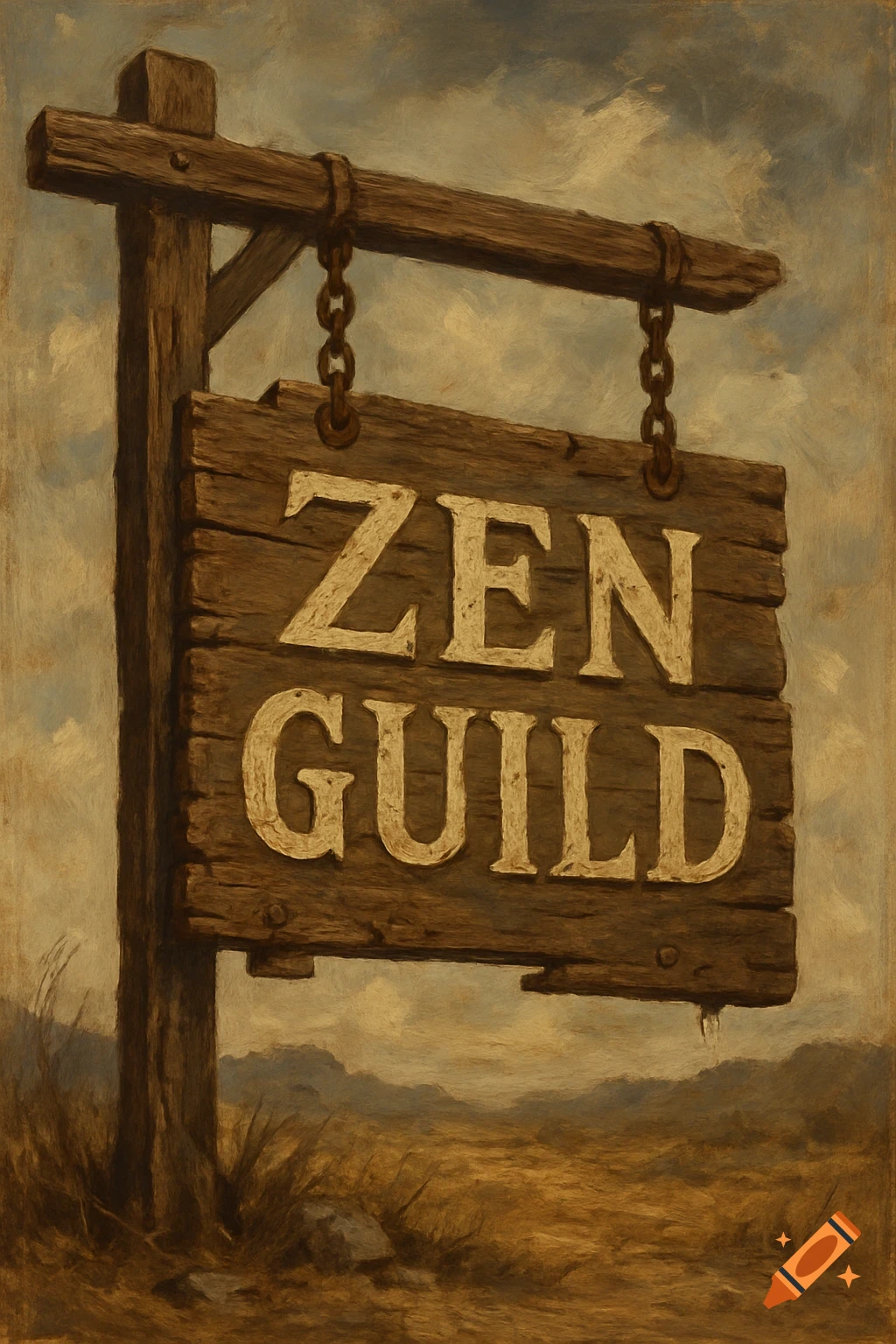 A weathered wooden sign displaying "ZEN GUILD" hangs from a post against a cloudy sky and landscape.