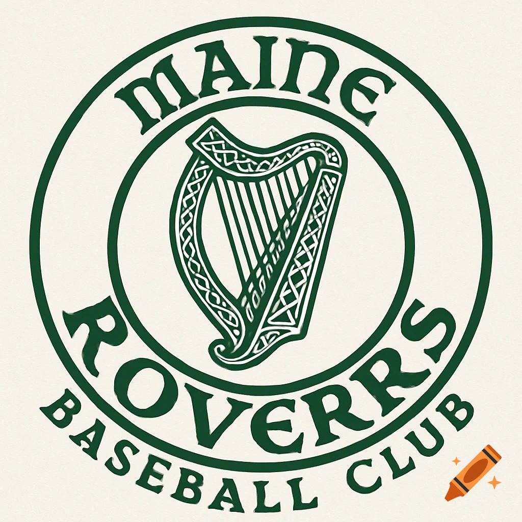 Green and white circular logo with a harp and the text MAINE ROVERRS BASEBALL CLUB.