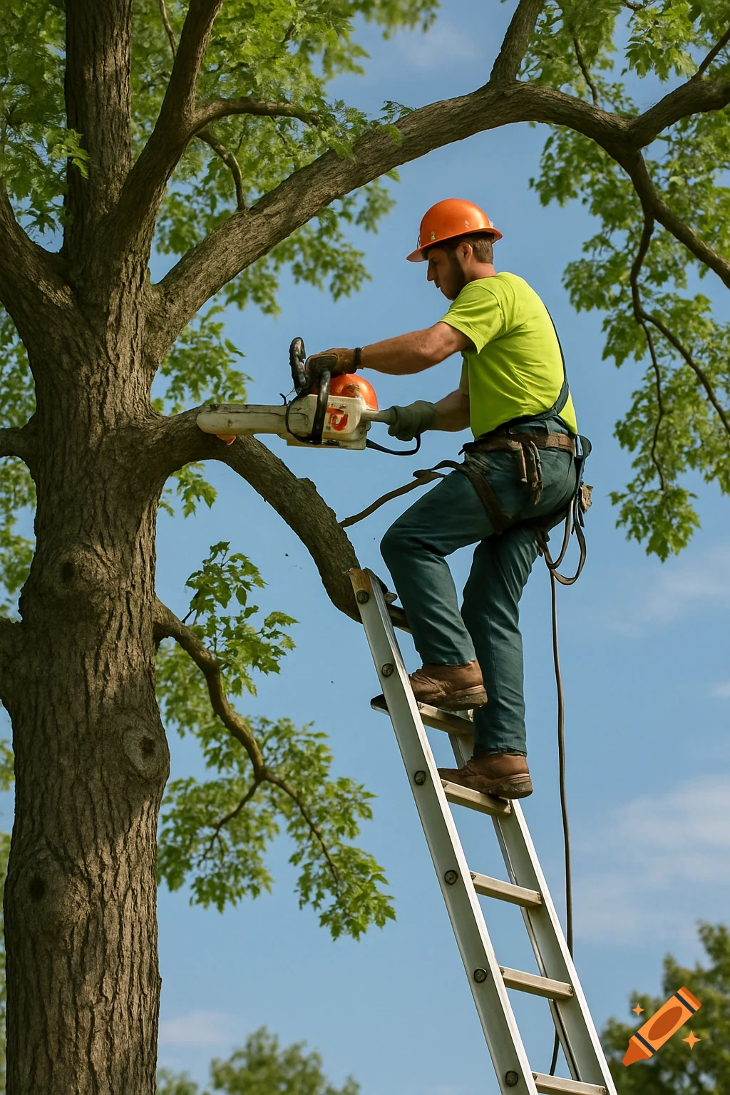 Man on a ladder cutting a tree limb with a chainsaw.