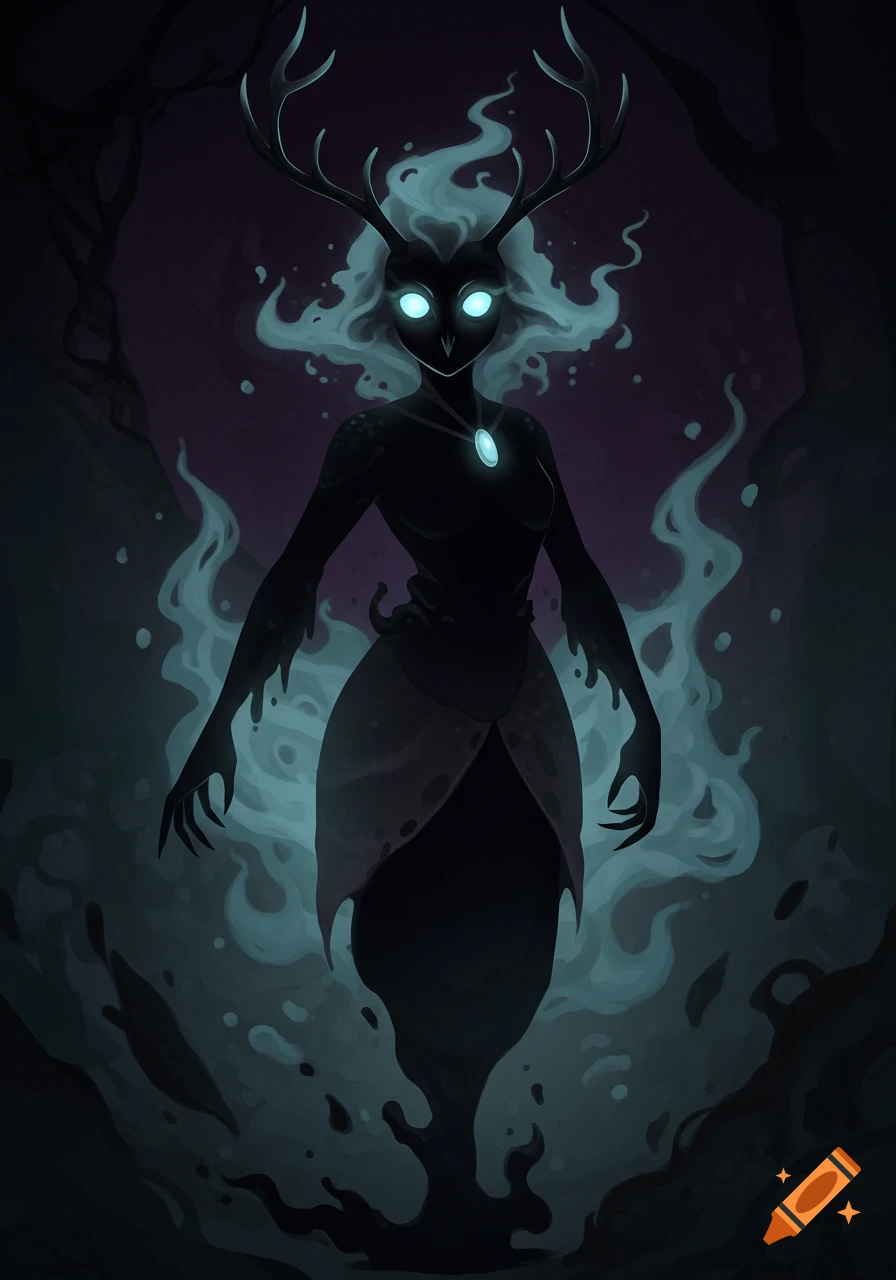 A dark, smoky fantasy creature with antlers and glowing eyes in a forest.