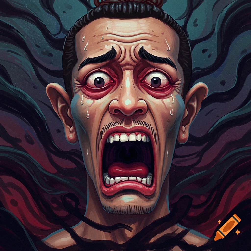 Close-up illustration of a man's face screaming in fear with sweat and wide eyes.