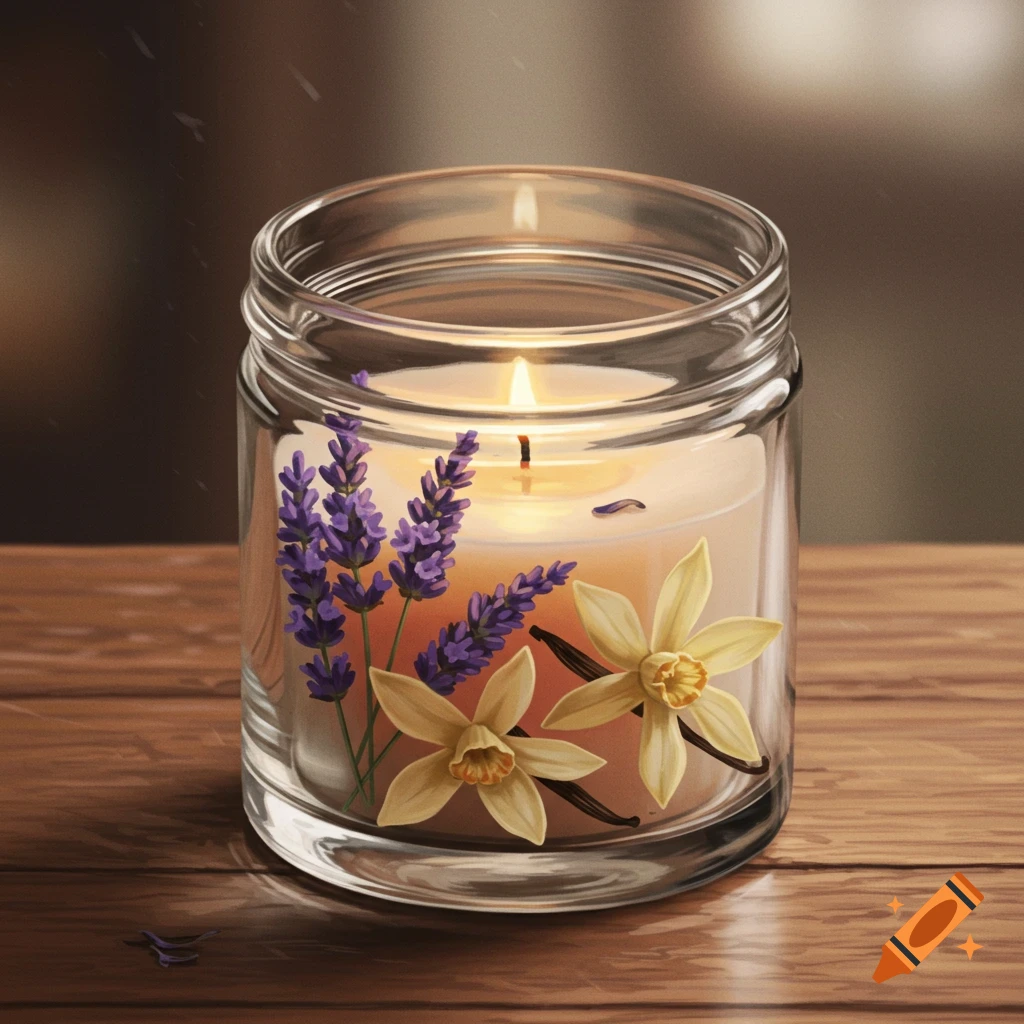 Close-up illustration of a lit candle in a glass jar decorated with lavender and vanilla flowers on a wooden surface.