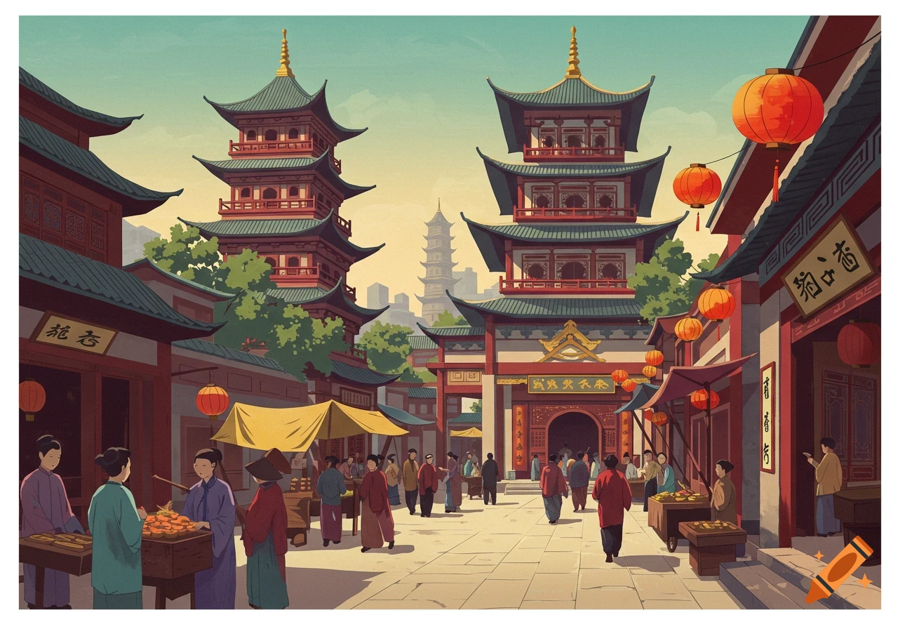 A retro graphic art print of a busy traditional Chinese street scene with pagodas, buildings, lanterns, and people.