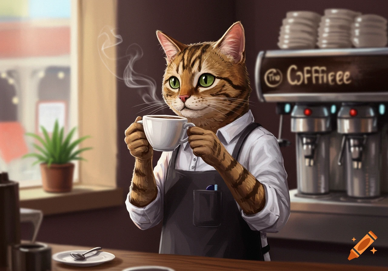 A cartoon tabby cat barista in an apron holds a coffee cup in a cafe