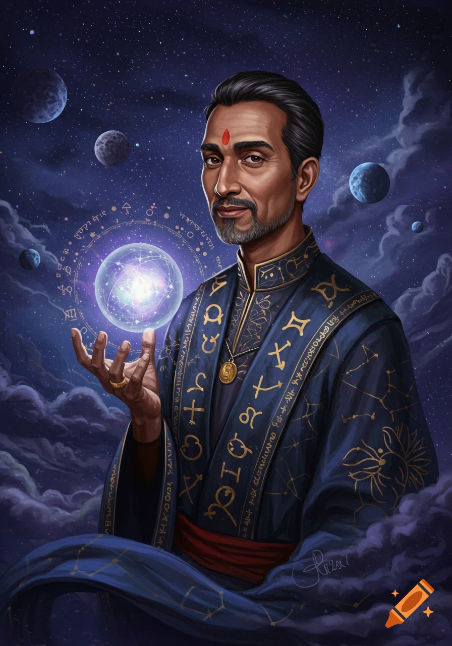 Illustration of an astrologer in a blue robe holding a glowing sphere in space with planets.