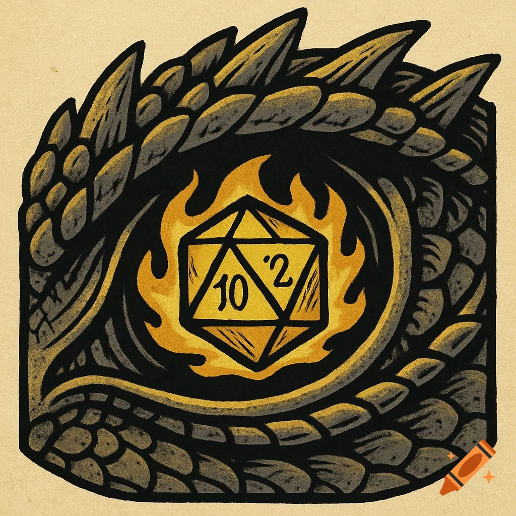 Medieval style logo of a dragon eye with a polyhedral dice with '10' and '2' on its faces, surrounded by flames, set against a cream background.