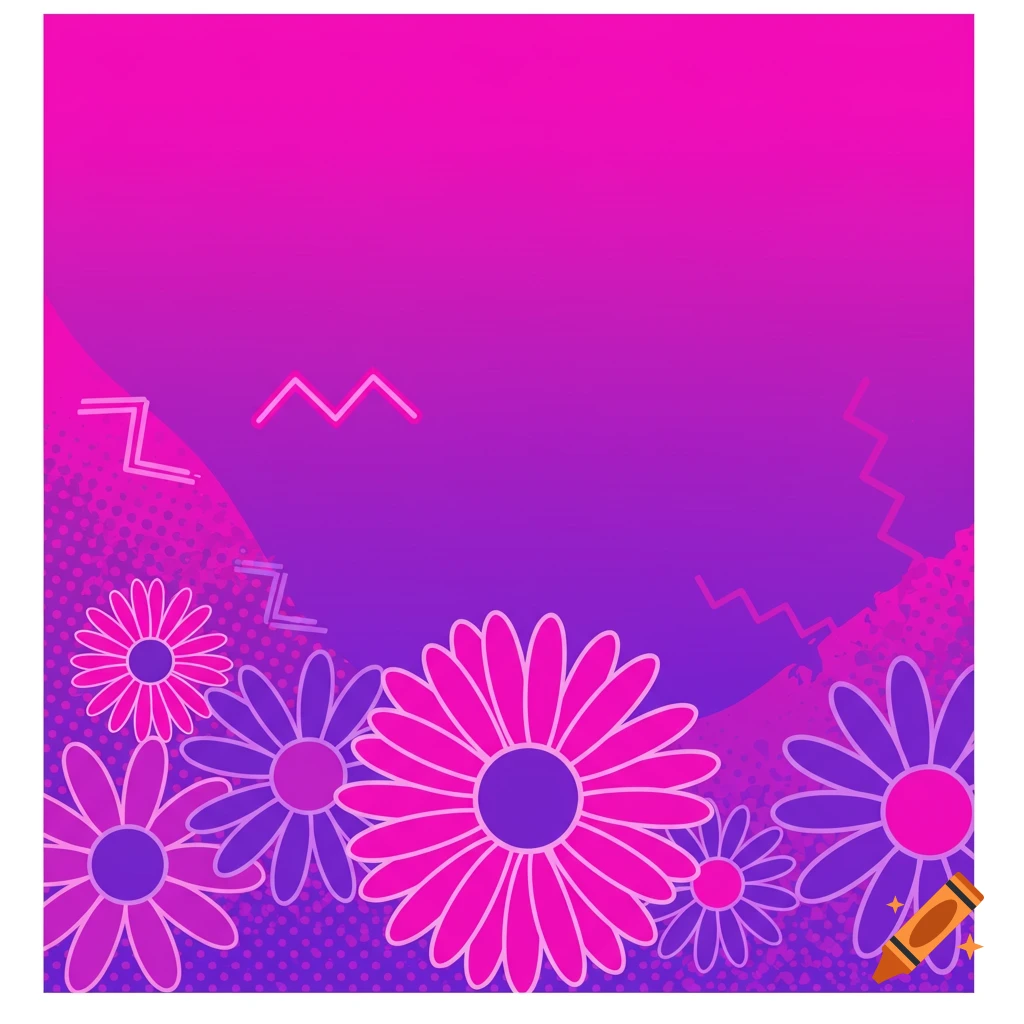 Retro neon pattern with pink and purple gradient background, daisy flowers, and abstract shapes.