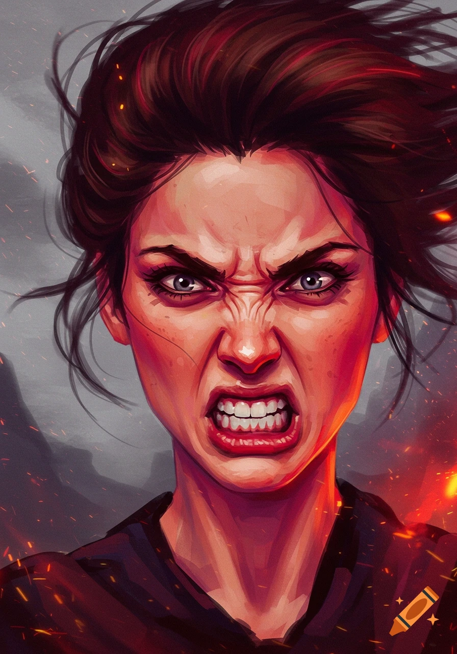 A close-up digital painting of a woman with an intense expression of rage, mouth open, eyes narrowed, against a dark background with sparks.