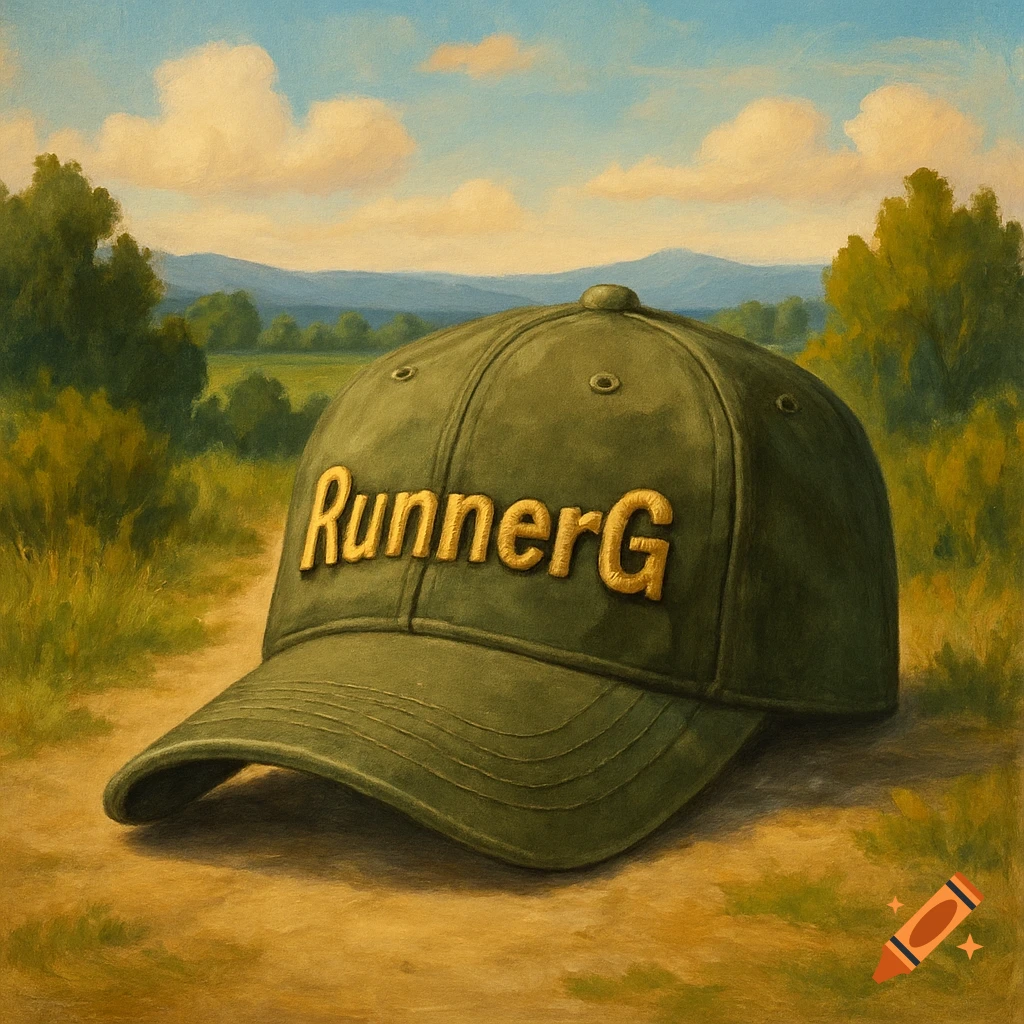 A green baseball cap with 'RunnerG' on it rests on a dirt path in a painterly landscape under a cloudy sky.