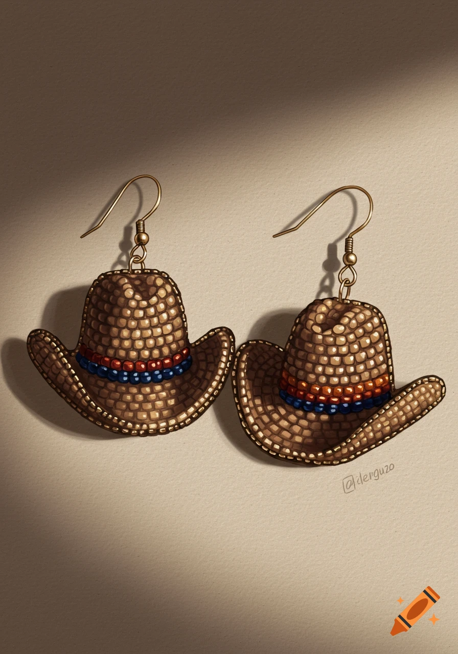Two brown beaded cowboy hat earrings with red, blue, and orange bands.
