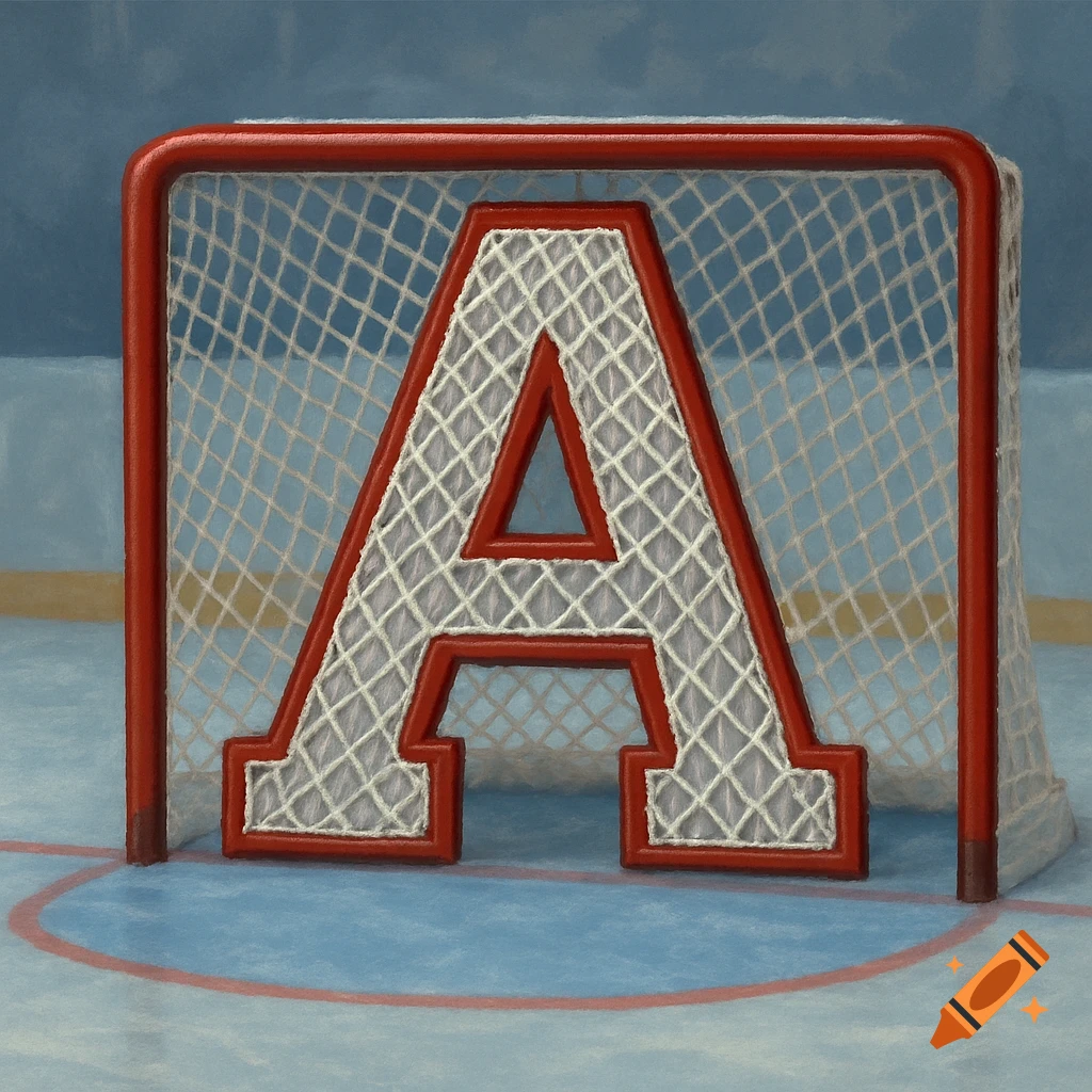 A large red and white letter A sits inside a hockey net on an ice rink.