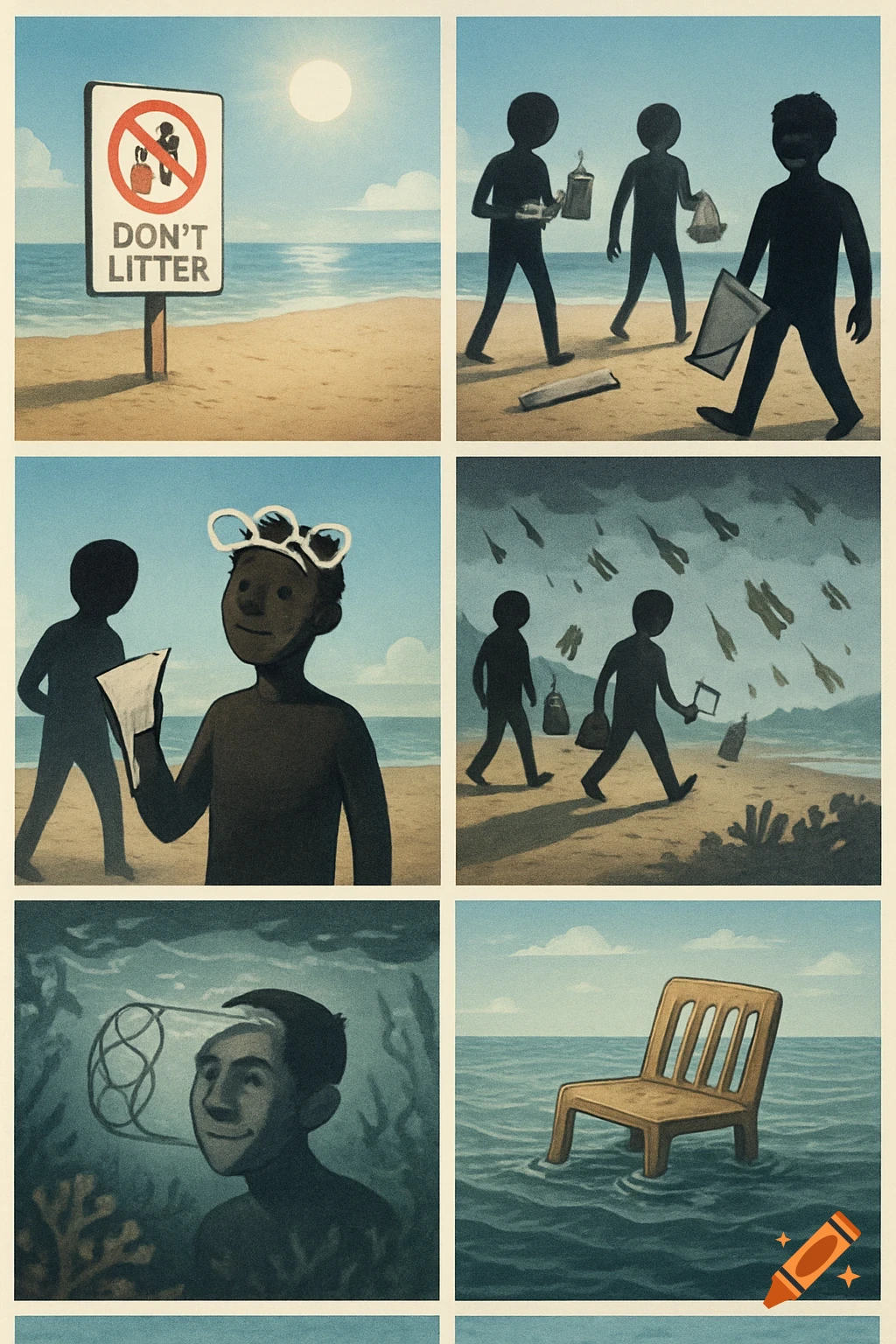 Multi-panel illustration showing a "Don't Litter" sign, figures littering, plastic raining, and ocean pollution.
