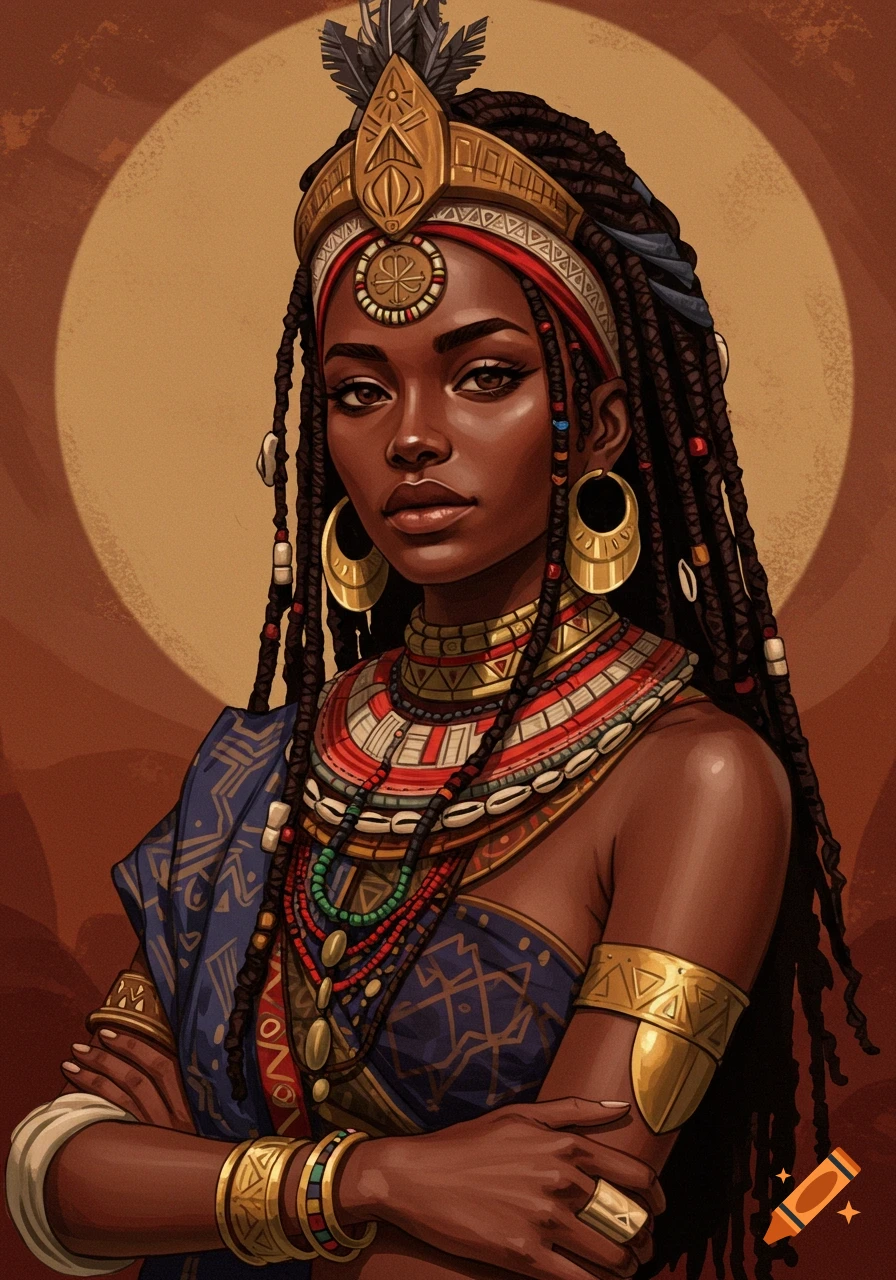 Portrait of a woman with braided hair, ornate golden jewelry, and traditional clothing against a brown circle