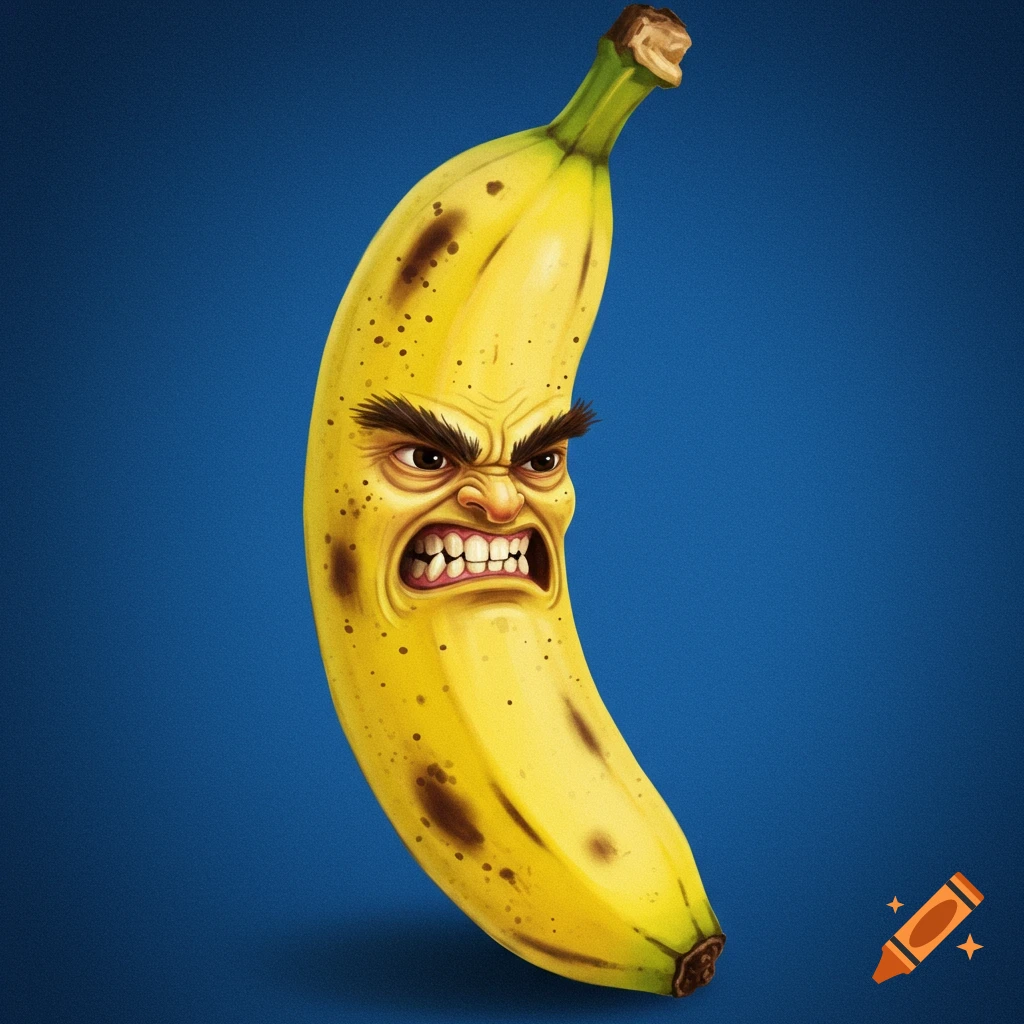 Illustration of a ripe banana with an angry human face.