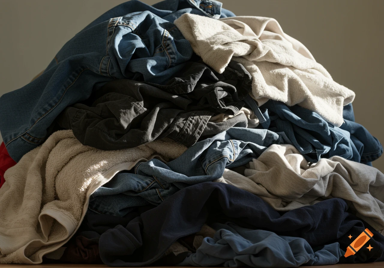 Photorealistic close-up of a large pile of dirty laundry including denim, towels, and assorted clothing.