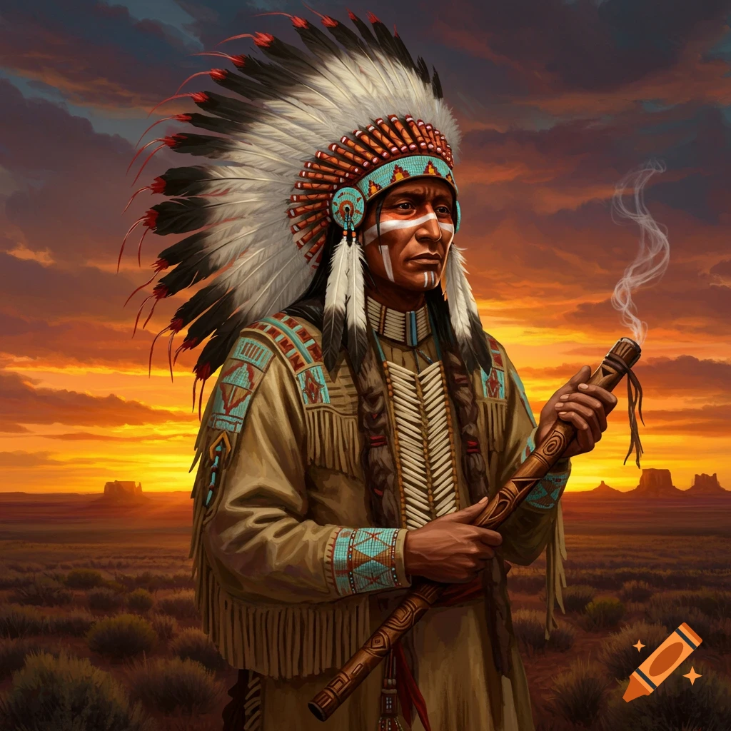 Man in a Native American headdress and traditional clothing holding a smoking pipe at sunset.